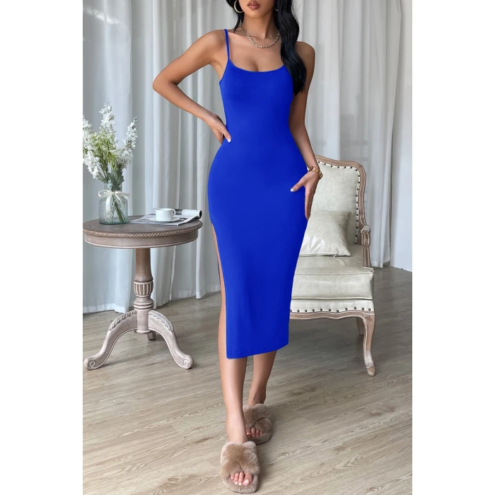 Kadın Mavi Yırtmaçlı Diz Altı Vücüdu Saran Gecelik