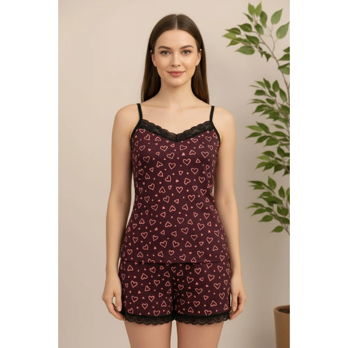 Kadın Mor Kalp Desenli Askılı Şortlu Dantelli Pijama Takımı
