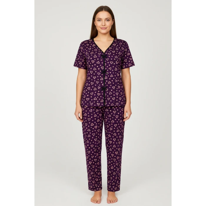 Kadın Mor Kalp Desenli Fiyonklu Kısa Kollu Uzun Pijama Takımı