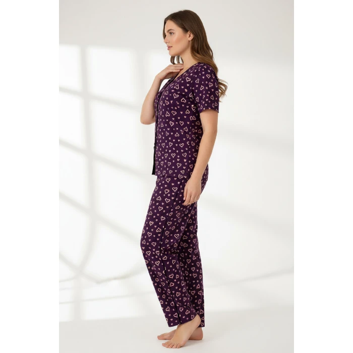 Kadın Mor Kalp Desenli Fiyonklu Kısa Kollu Uzun Pijama Takımı