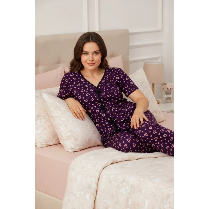 Kadın Mor Kalp Desenli Fiyonklu Kısa Kollu Uzun Pijama Takımı