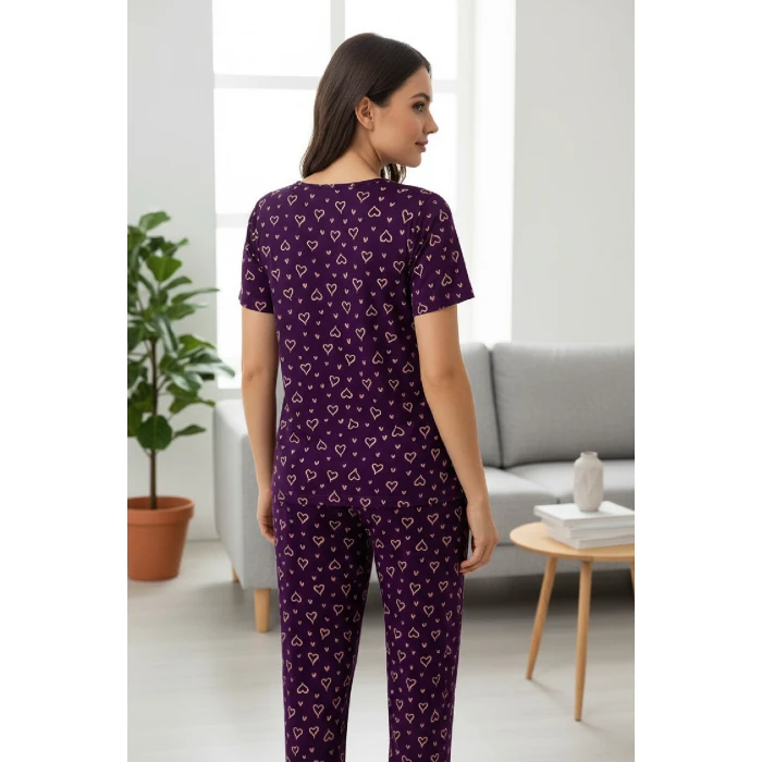 Kadın Mor Kalp Desenli Fiyonklu Kısa Kollu Uzun Pijama Takımı