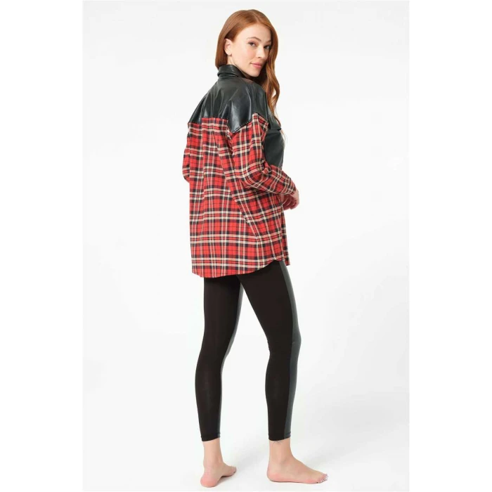 Kadın Pamuklu Ekose Çıtçıtlı Uzun Kol Cepli Gömlek Ve Deri Görünümlü Tayt Takım