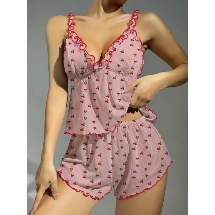 Kadın Pembe Kiraz Desenli Fırfırlı Şortlu Gecelik Takım 5102