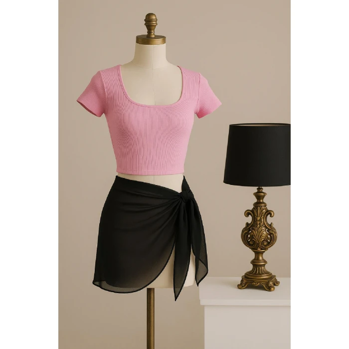 Kadın Pembe Yarım Kol Crop Ve Siyah Pareo 2li Set