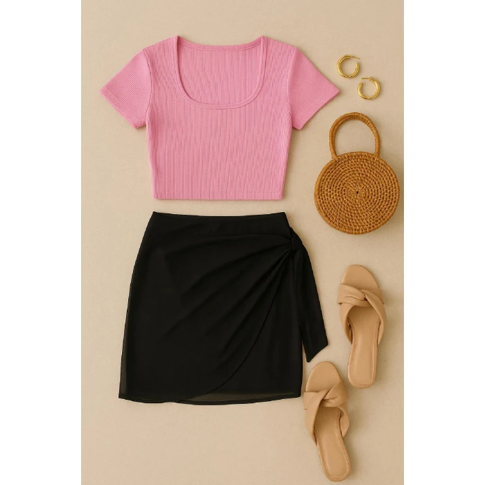 Kadın Pembe Yarım Kol Crop ve Siyah Pareo 2li Set