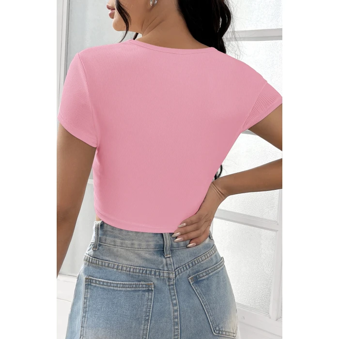 Kadın Pembe Yarım Kol Düz Yaka Crop Top Bluz
