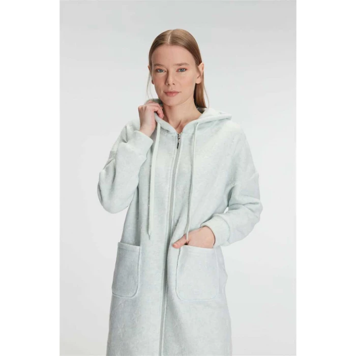 Kadın Polar Kapüşonlu Cepli Fermuarlı Kışlık Sabahlık, Yumuşak, Sıcak Tutan Ev Şıklığı