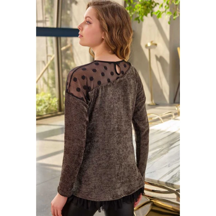 Kadın Puantiyeli Tüllü Uzun Kollu Sweatshirt Ve Deri Görünümlü Tayt Takım