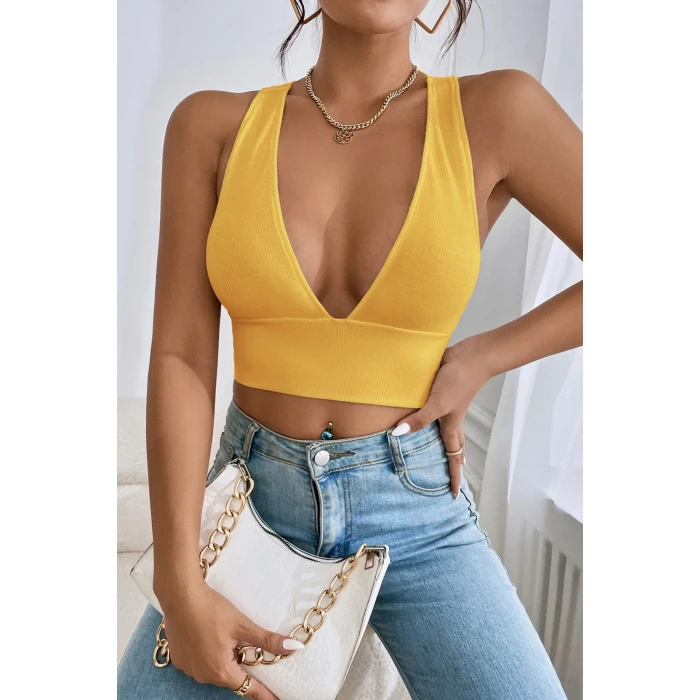 Kadın Sarı Çapraz Sırt Detaylı Şık Crop Top Büstiyer