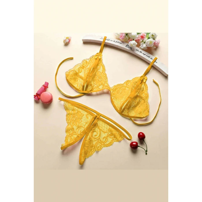 Kadın Sarı Dantelli Sütyen Külot Takımı