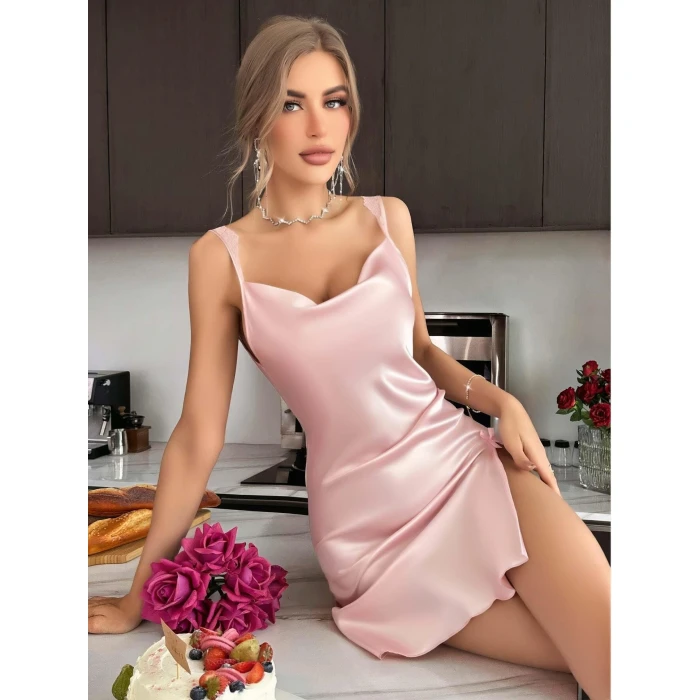 Kadın Saten Askılı Dantel Detaylı Gecelik - Pudra Pembe 2224