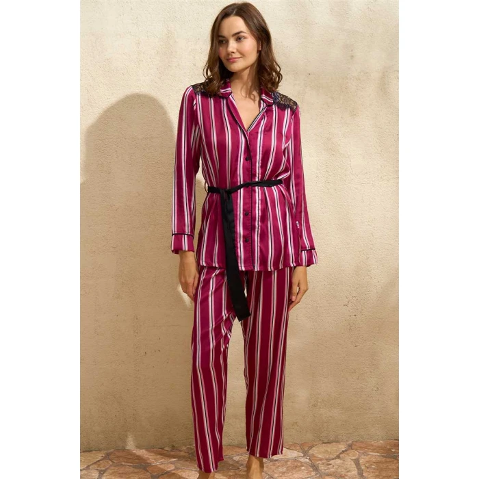 Kadın Saten Çizgili Düğmeli Uzun Kol Dantelli Gömlek Ve Pantolon Pijama Takım