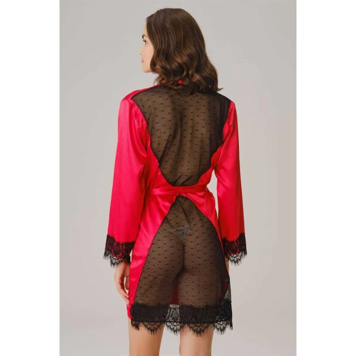 Kadın Saten Sırt Detaylı Dantelli Sabahlık Ve String Takım