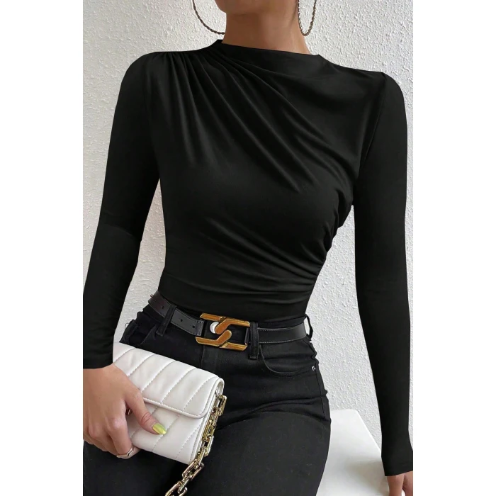 Kadın Siyah Belden Ve Boyundan Büzgü Detaylı Uzun Kollu Bluz