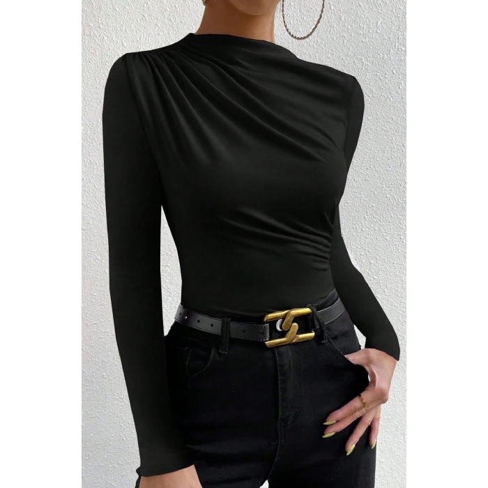 Kadın Siyah Belden ve Boyundan Büzgü Detaylı Uzun Kollu Bluz