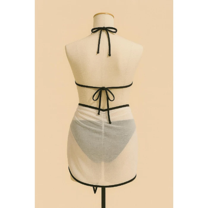 Kadın Siyah Beyaz Pareolu Yandan Ve Boyundan Bağlamalı 3lü Bikini Takımı