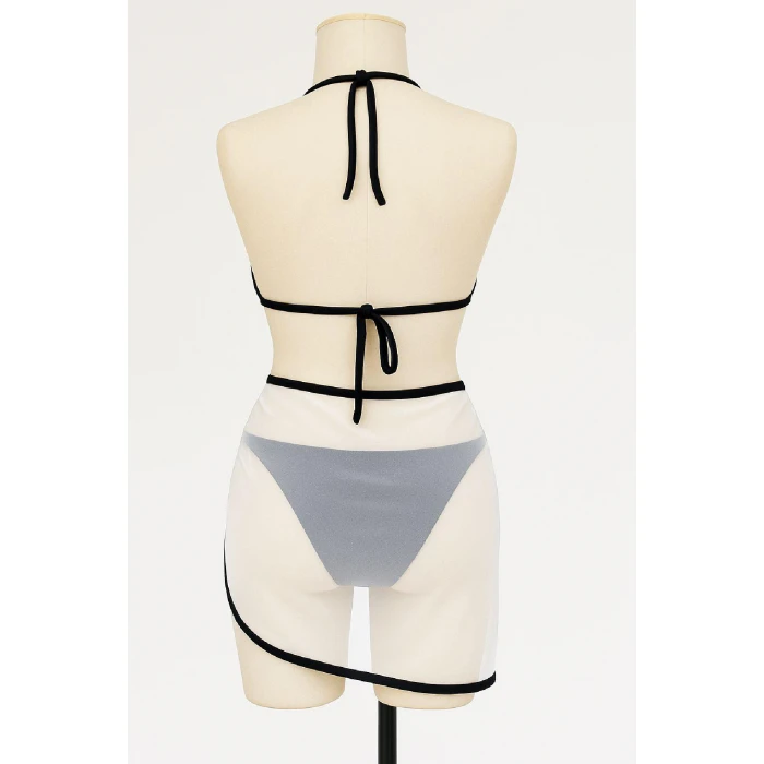 Kadın Siyah Beyaz Pareolu Yandan ve Boyundan Bağlamalı 3lü Bikini Takımı