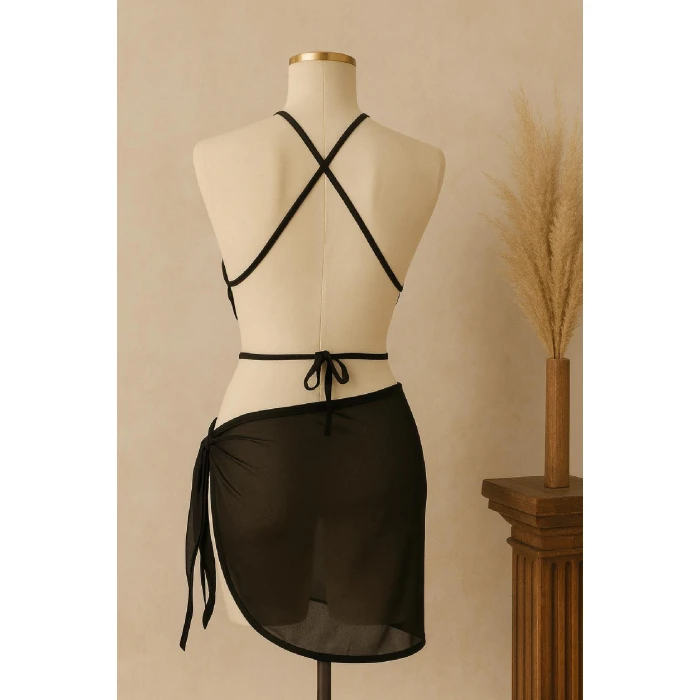 Kadın Siyah Çapraz Bağlamalı Crop ve Pareo 2li Set