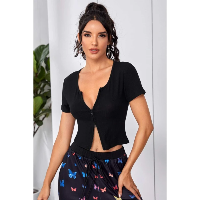 Kadın Siyah Çift Fermuarlı Yarım Kol Crop Top Bluz