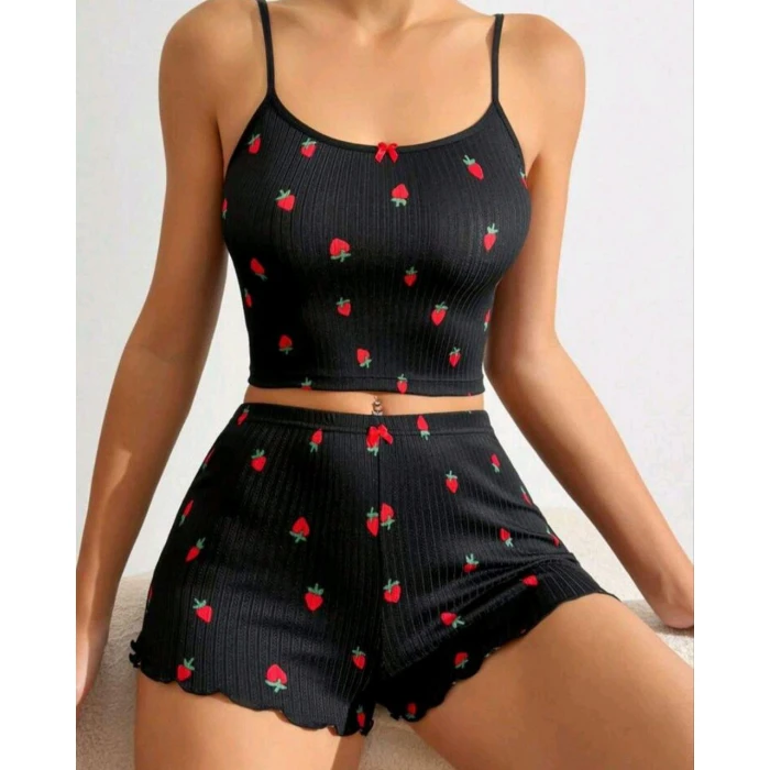Kadın Siyah Çilek Desenli Seksi Gecelik Takım 6644