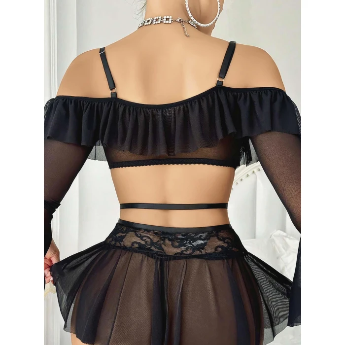 Kadın Siyah Etek Bustiyer Sexy Gecelik Takım 3831