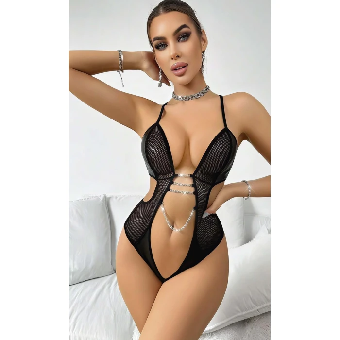 Kadın Siyah Fantazi Kostüm  Göğüs Dekolte Zincir Detaylı 2052