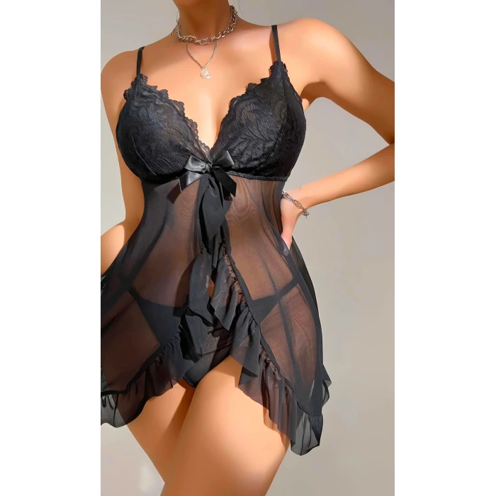 Kadın Siyah Fantezi Gecelik Tül Dantel Detaylı Fantezi Gecelik 2117