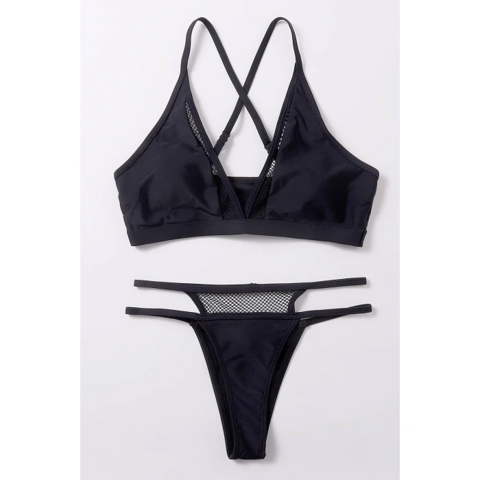 Kadın Siyah File Detaylı Özel Bikini Takımı