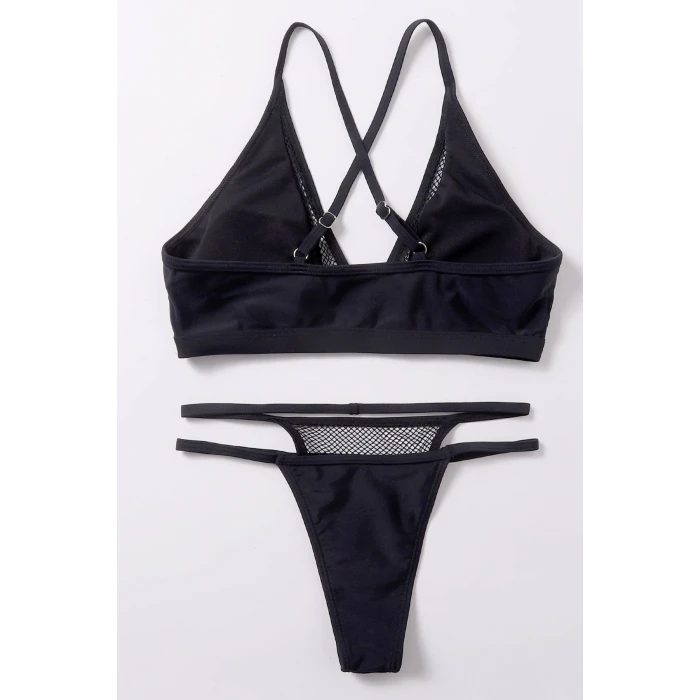 Kadın Siyah File Detaylı Özel Bikini Takımı