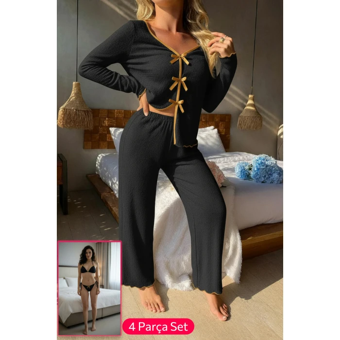 Kadın Siyah Fiyonklu İç Çamaşırı ve Uzun Kollu V Yaka Pijama Takımı 4lü Set