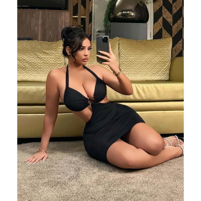 Kadın Siyah Halka Detaylı Fantezi Gece Elbisesi 5115