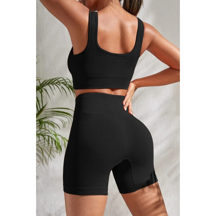 Kadın Siyah Kalın Askılı Yüksek Bel Şortlu Gecelik Takımı