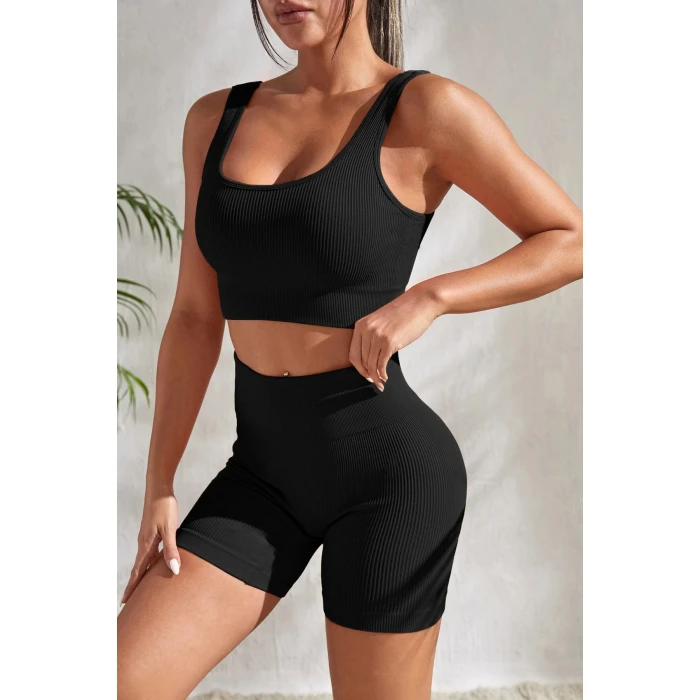 Kadın Siyah Kalın Askılı Yüksek Bel Şortlu Gecelik Takımı