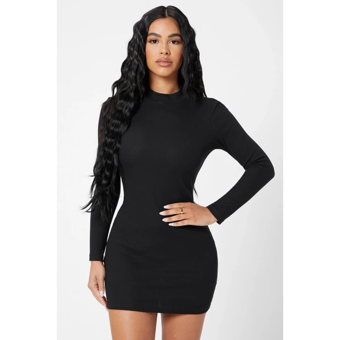 Kadın Siyah Kaşkorse Balıkçı Yaka Uzun Kollu Bodycon Mini Elbise