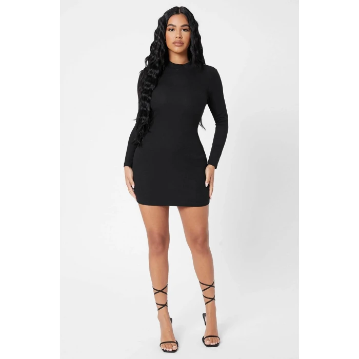 Kadın Siyah Kaşkorse Balıkçı Yaka Uzun Kollu Bodycon Mini Elbise