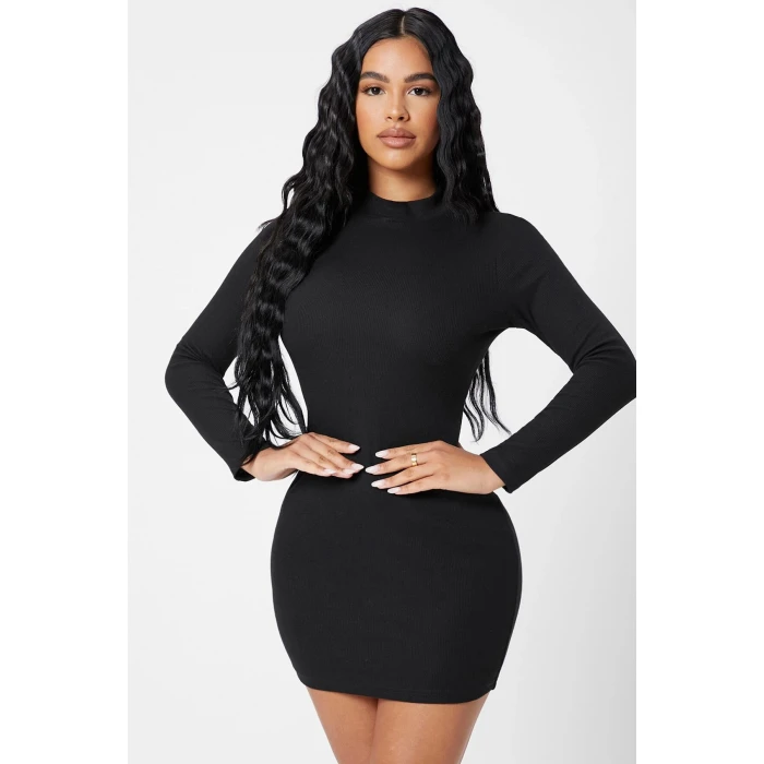 Kadın Siyah Kaşkorse Balıkçı Yaka Uzun Kollu Bodycon Mini Elbise