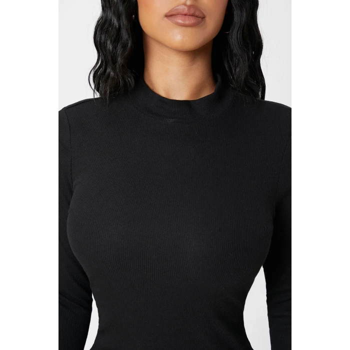 Kadın Siyah Kaşkorse Balıkçı Yaka Uzun Kollu Bodycon Mini Elbise