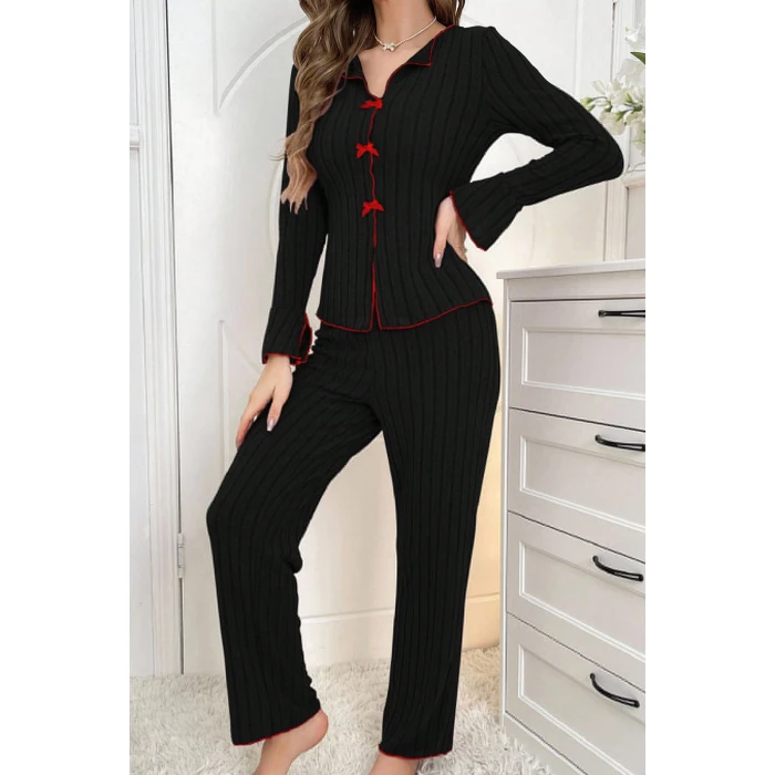 Kadın Siyah Kırmızı Biyeli ve Fiyonklu Uzun Kollu Mevsimlik Pijama Takımı