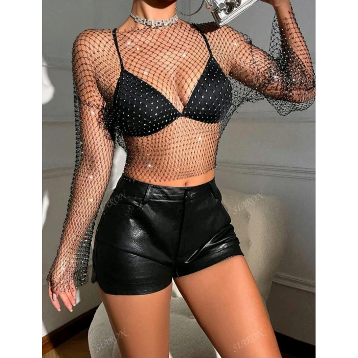 Kadın Siyah Kristal Taşlı File Crop