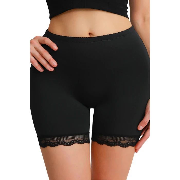 Kadın Siyah Pop Up Kalça Kaldırıcı ve Sekillendirici Dantel Paçalı Şort Külot