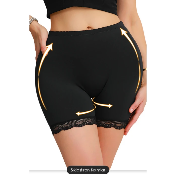Kadın Siyah Pop Up Kalça Kaldırıcı ve Sekillendirici Dantel Paçalı Şort Külot