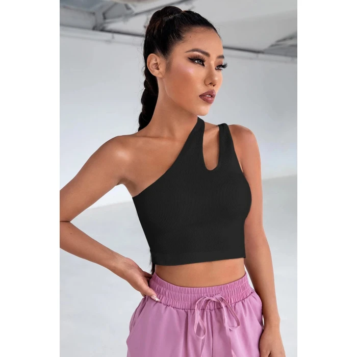 Kadın Siyah Tek Omuz Cut Out Detaylı Crop Top Bluz