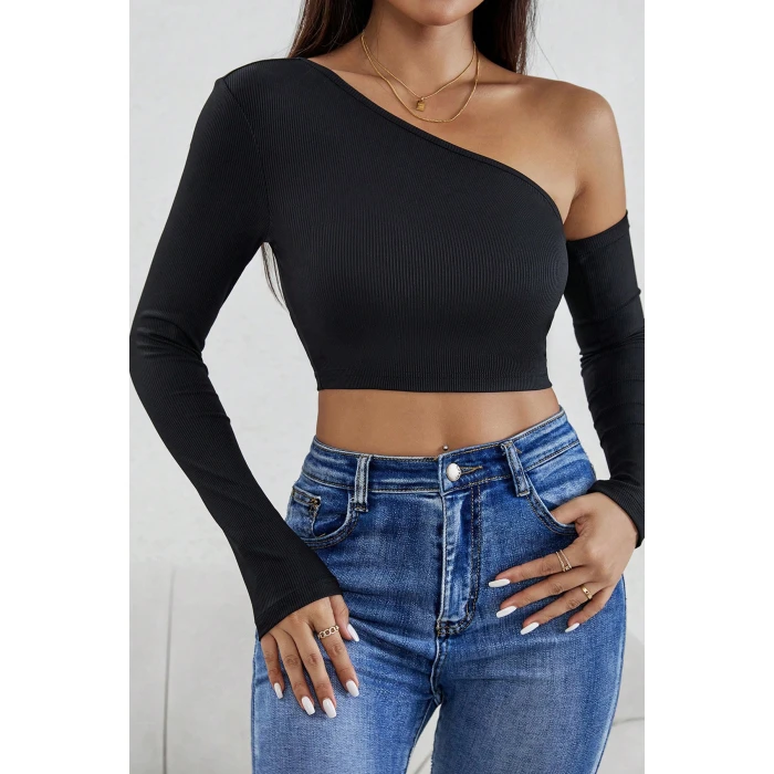 Kadın Siyah Tek Omuz Detaylı Uzun Kol Crop Top Bluz