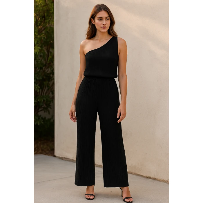 Kadın Siyah Tek Omuzlu Şık Bluz & Geniş Paça Pantolon İkili Takım