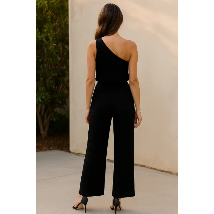 Kadın Siyah Tek Omuzlu Şık Bluz & Geniş Paça Pantolon İkili Takım