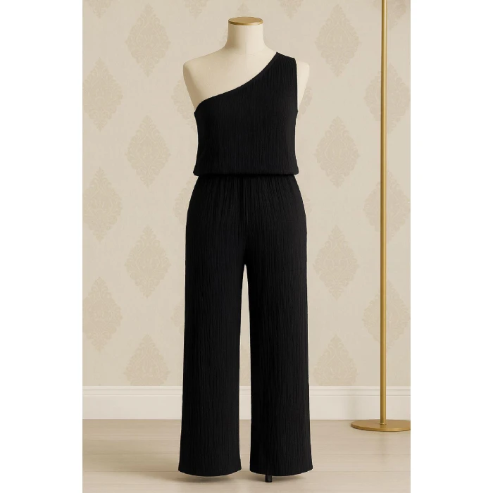 Kadın Siyah Tek Omuzlu Şık Bluz & Geniş Paça Pantolon İkili Takım