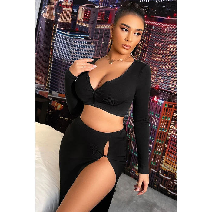 Kadın Siyah Uzun Kol Göğüs ve Göbek Dekolteli Fermuarlı Crop Top Bluz