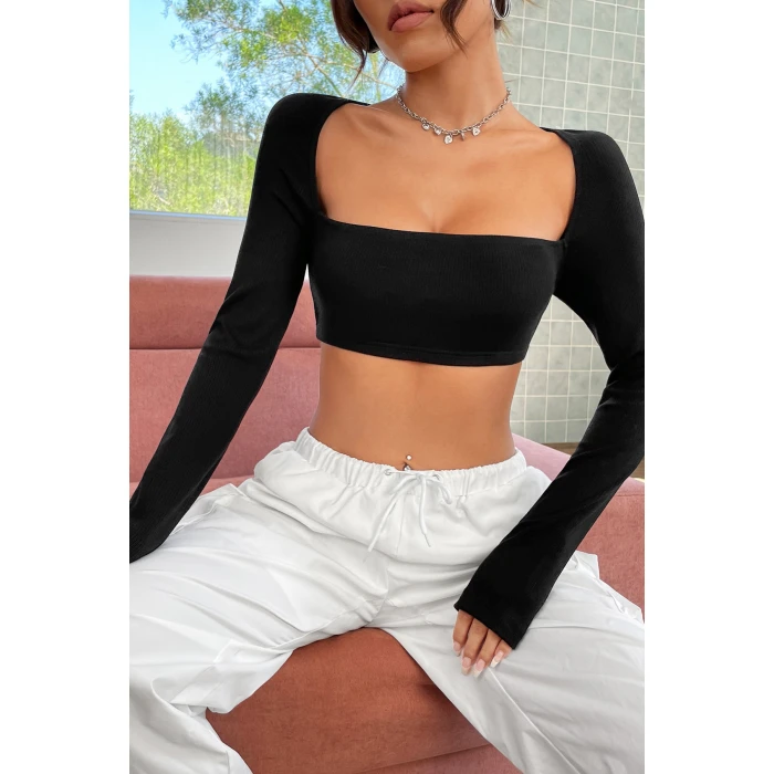 Kadın Siyah Uzun Kol Göğüs Ve Sırt Dekolteli Crop Top Bluz