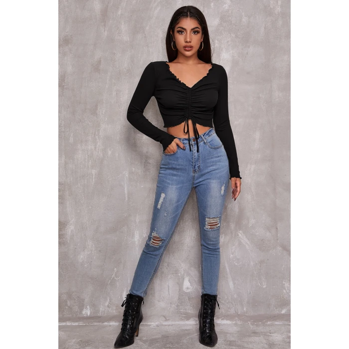 Kadın Siyah Uzun Kollu Büzdürme Bağcık Detaylı Crop Top Bluz